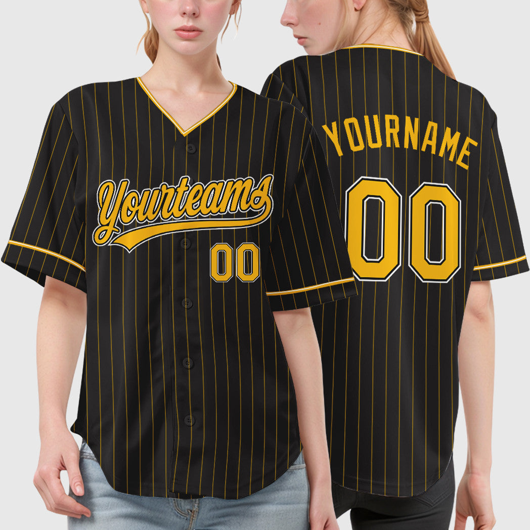 Custom Black Gold Gold-White Pinstripe Baseball Jersey
