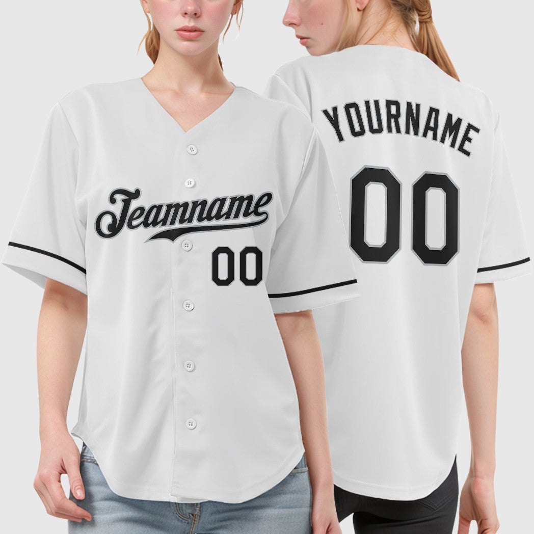 Custom White Black Black-Gray Baseball Jersey