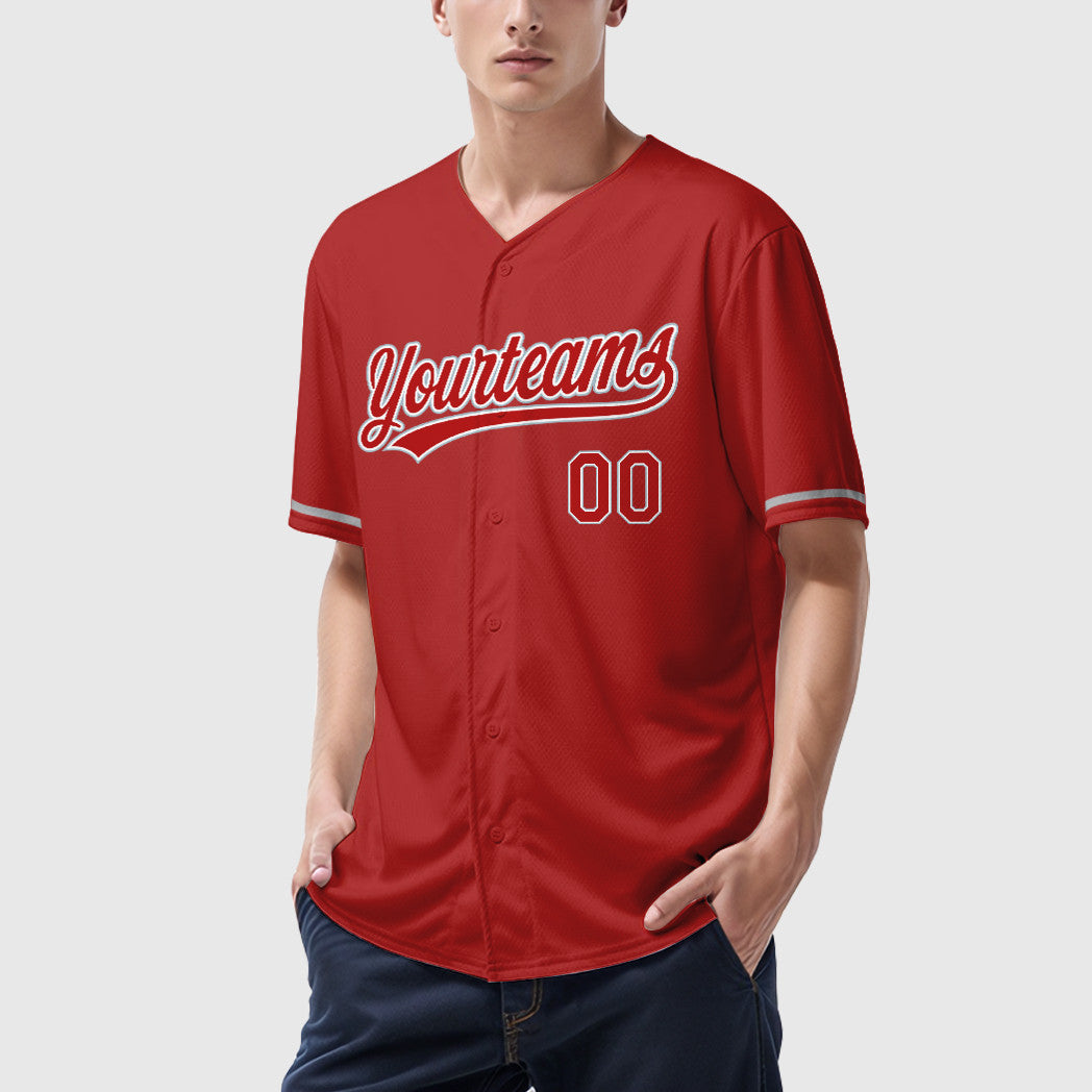 Custom Red White Gray Baseball Jersey