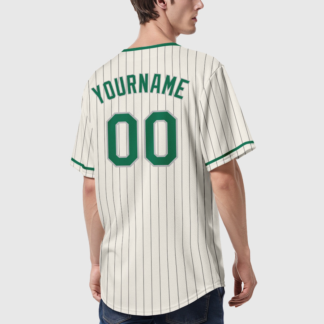 Custom Cream Gray Kelly Green Pinstripe Baseball Jersey