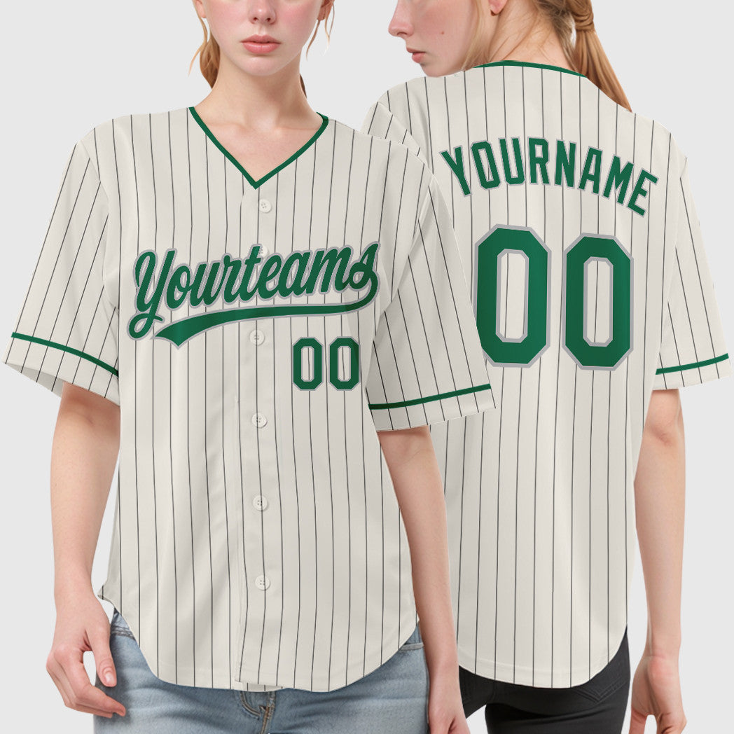 Custom Cream Gray Kelly Green Pinstripe Baseball Jersey