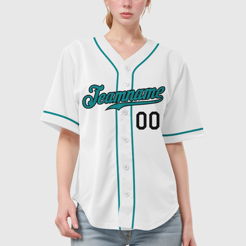Custom White Black Teal Sleeve Baseball Jersey