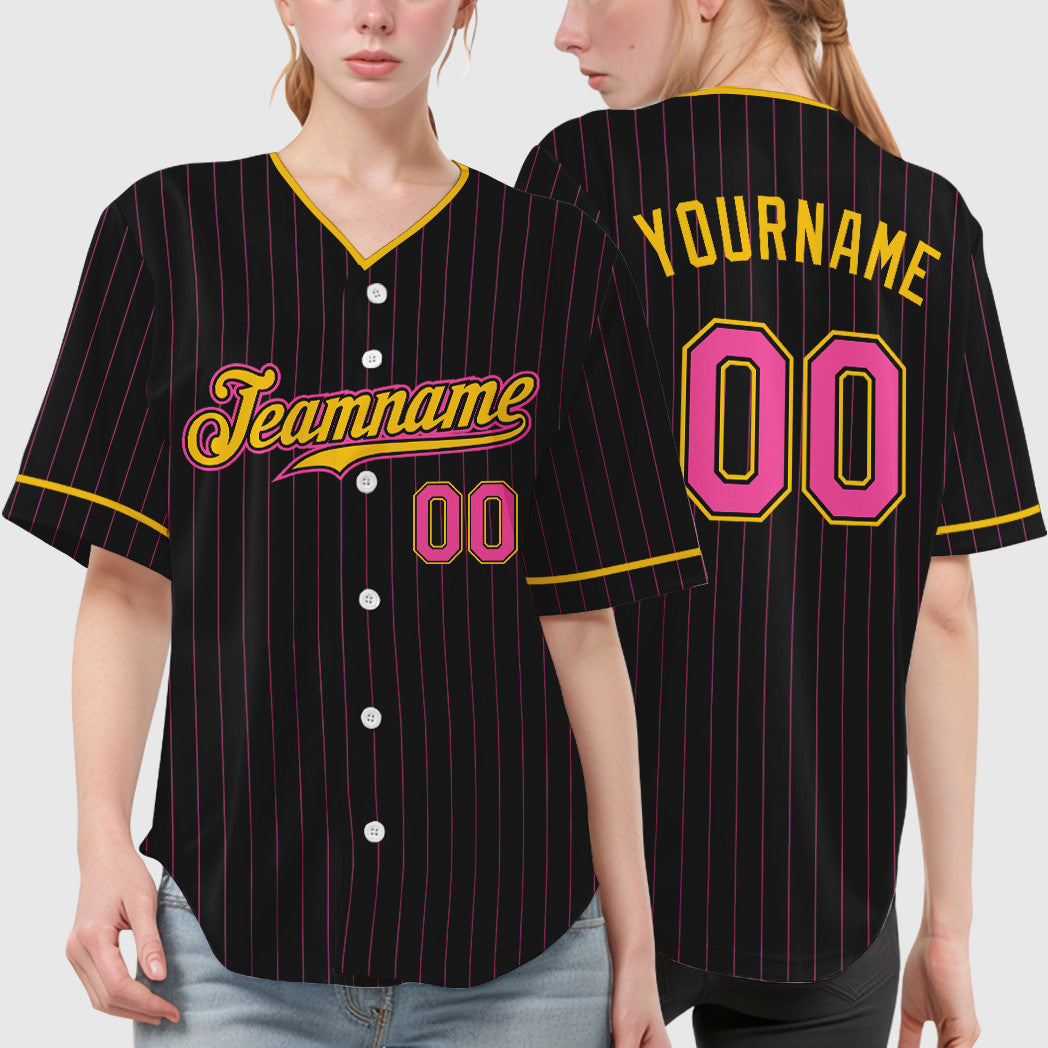 Custom Black Pink Pink-Yellow Pinstripe Baseball Jersey