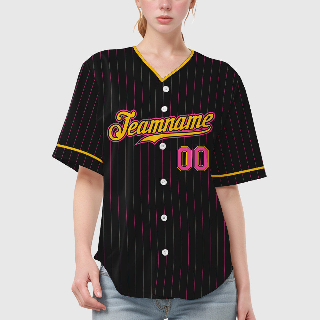 Custom Black Pink Pink-Yellow Pinstripe Baseball Jersey