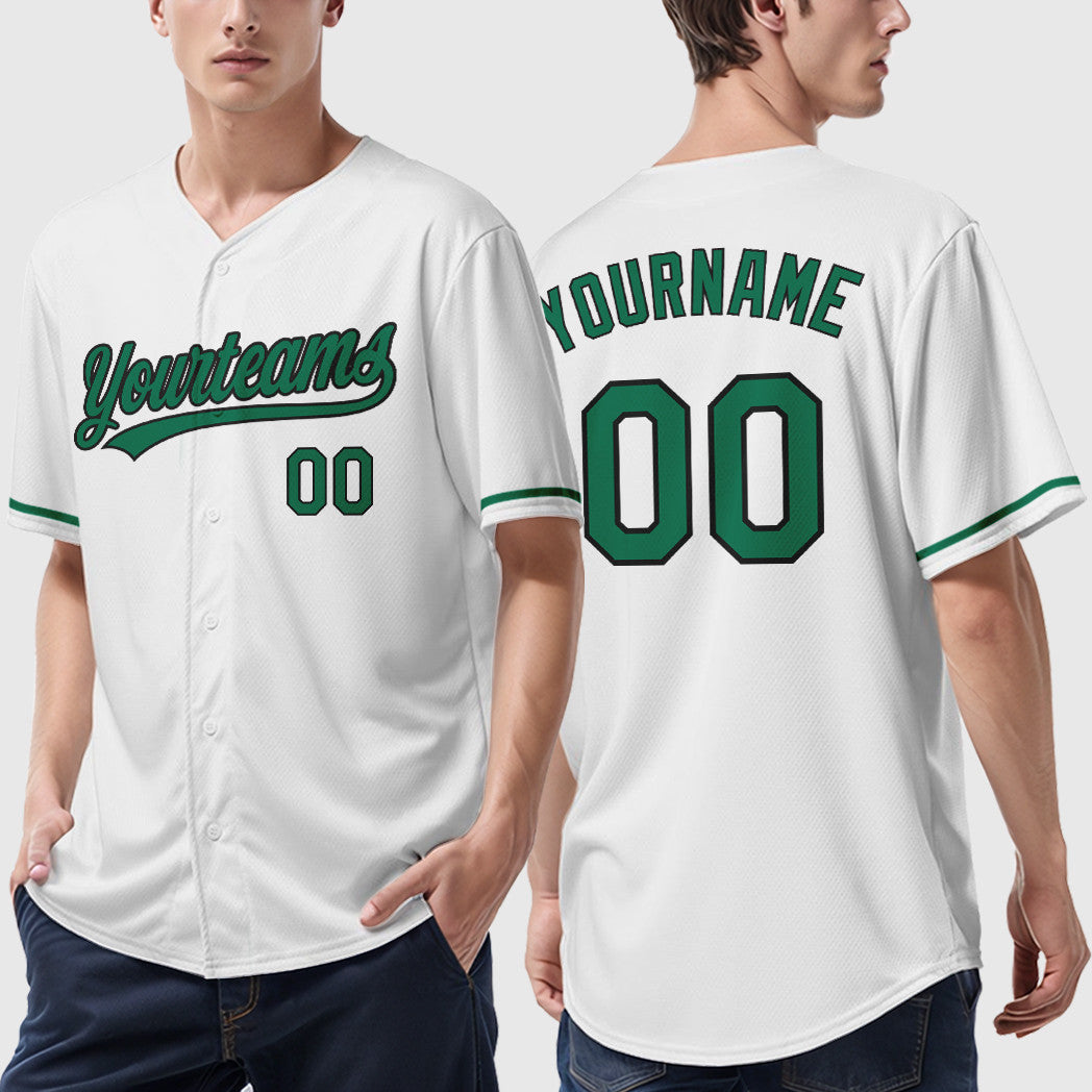 Custom White Kelly Green Black Baseball Jersey