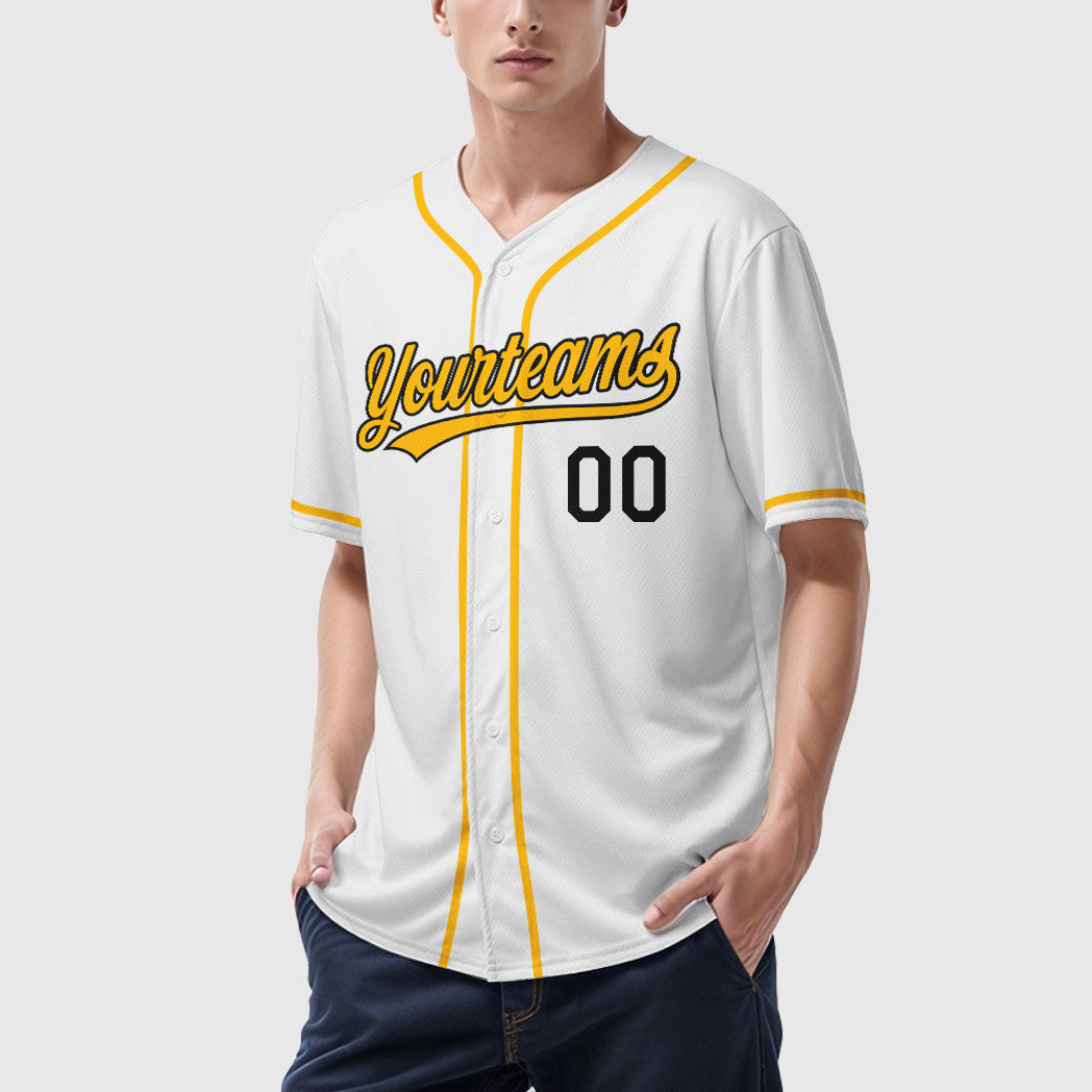 Custom White Black Gold Sleeve Baseball Jersey