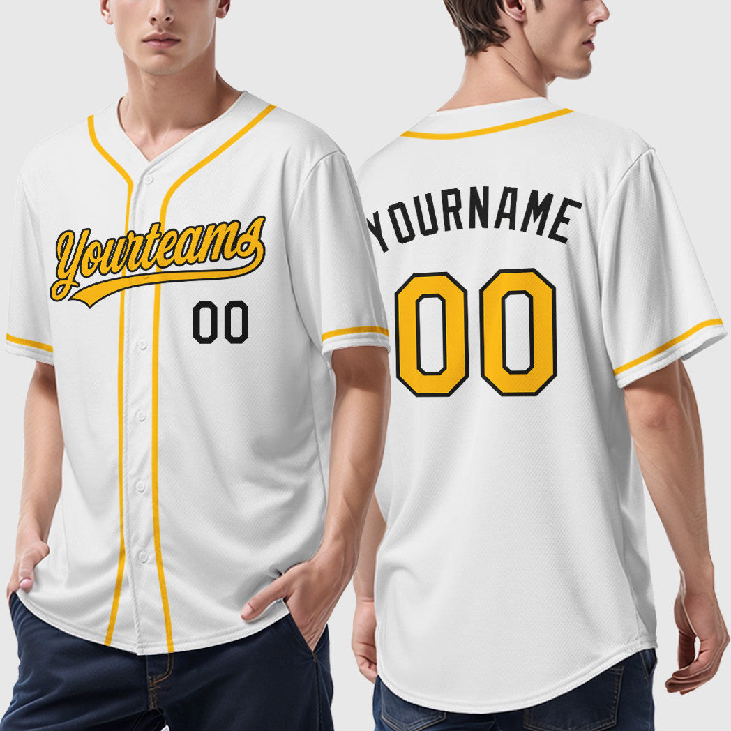 Custom White Black Gold Sleeve Baseball Jersey