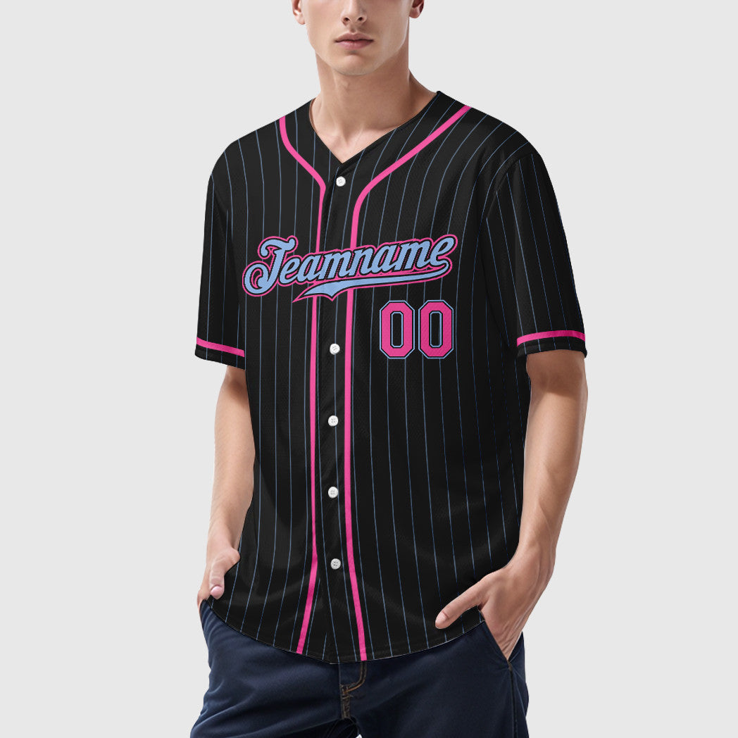 Custom Black Light Blue Pink Piping Pinstripe Baseball Jersey