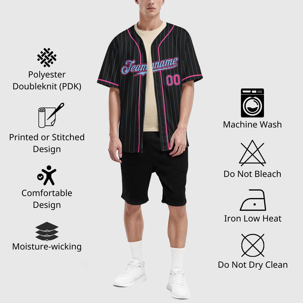 Custom Black Light Blue Pink Piping Pinstripe Baseball Jersey