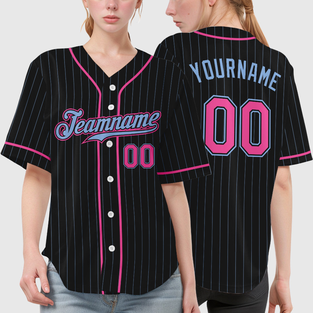 Custom Black Light Blue Pink Piping Pinstripe Baseball Jersey