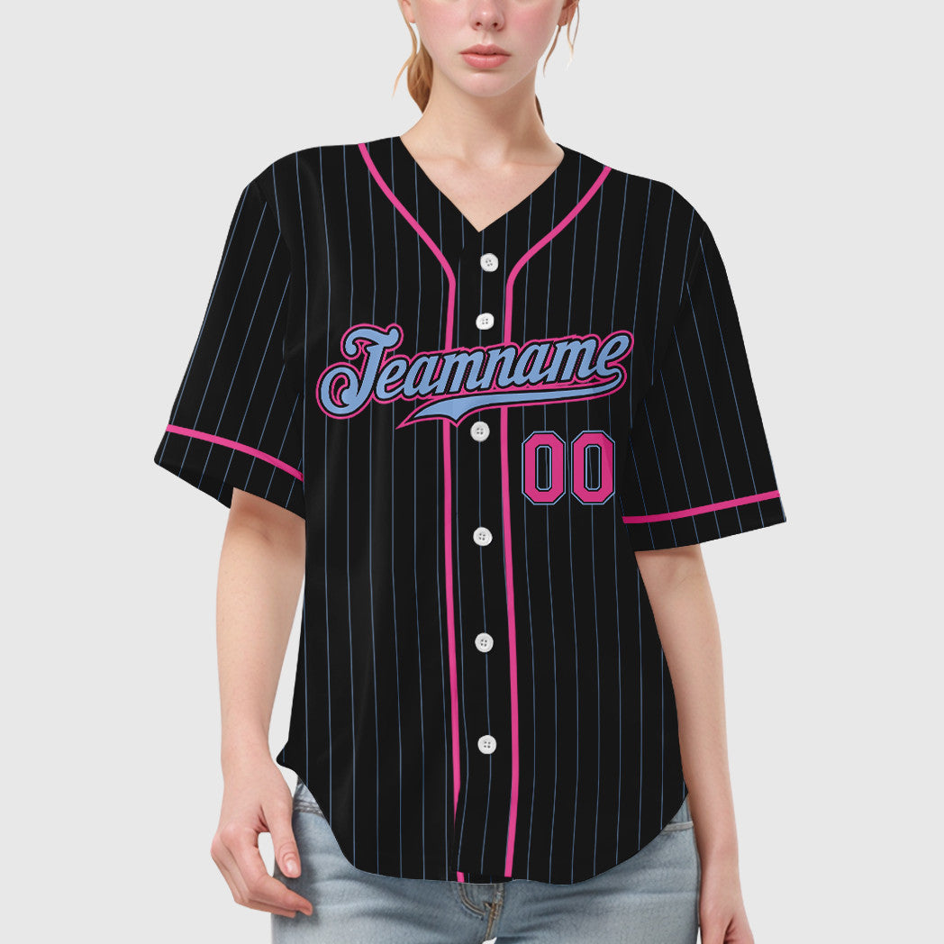 Custom Black Light Blue Pink Piping Pinstripe Baseball Jersey