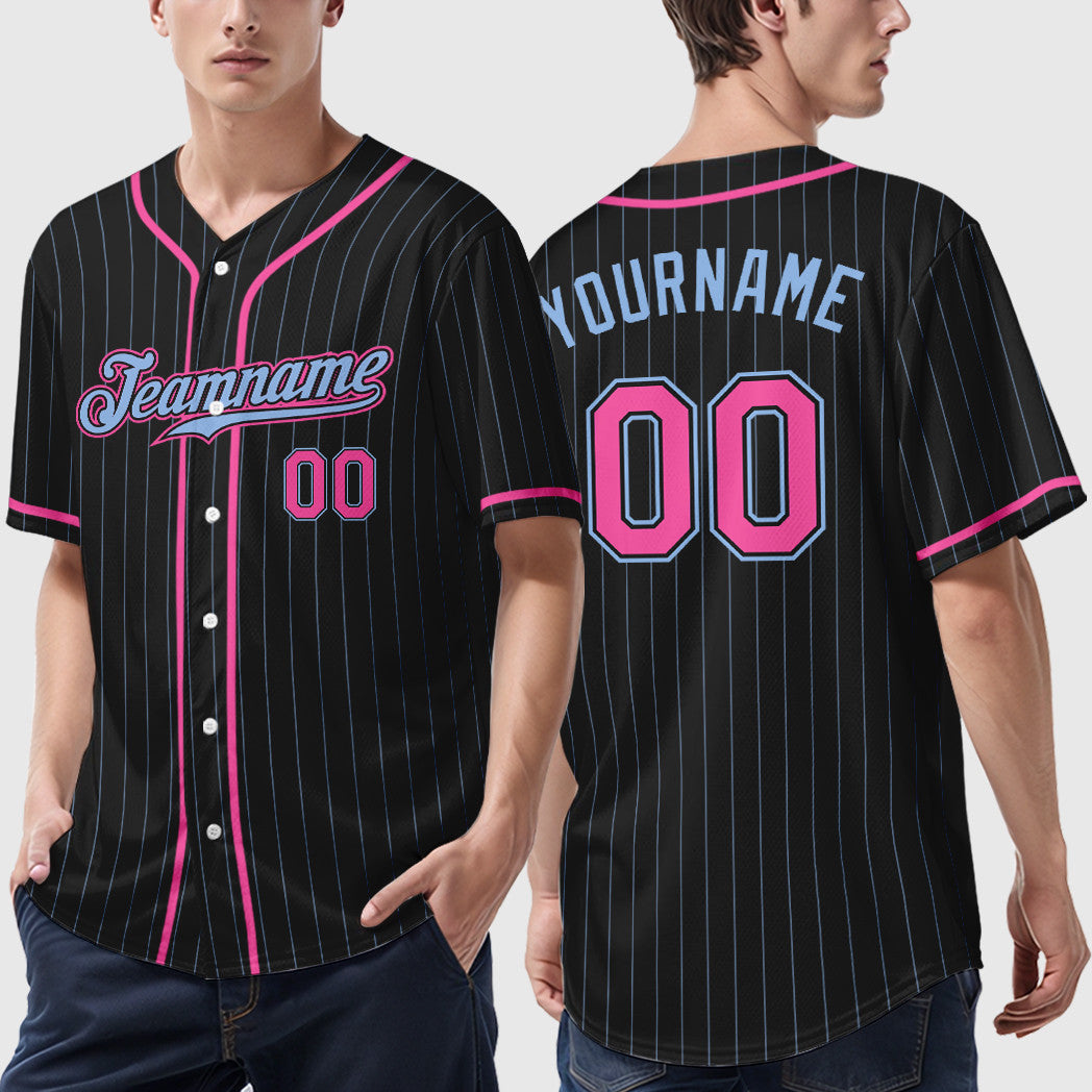 Custom Black Light Blue Pink Piping Pinstripe Baseball Jersey