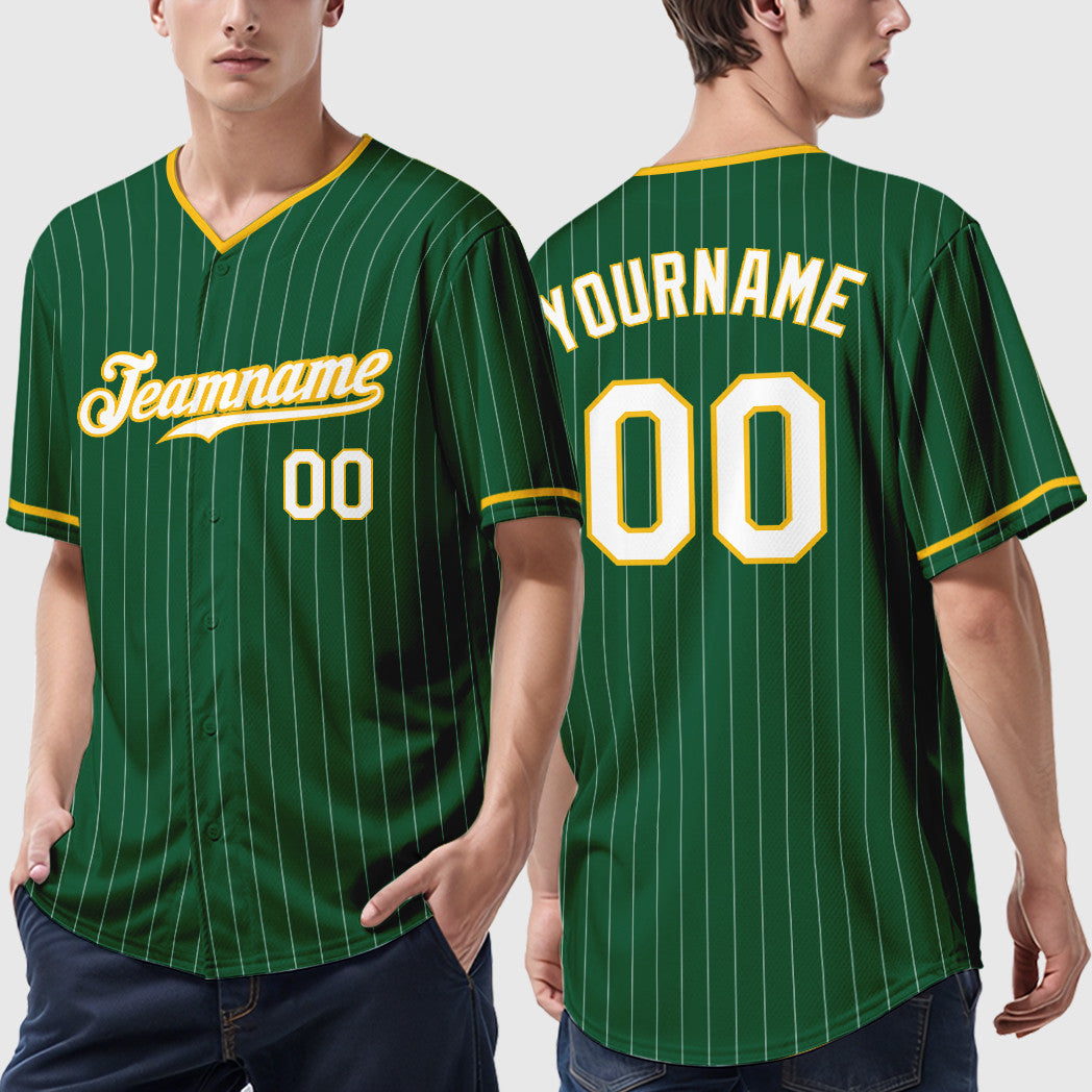 Custom Green White White-Gold Pinstripe Baseball Jersey