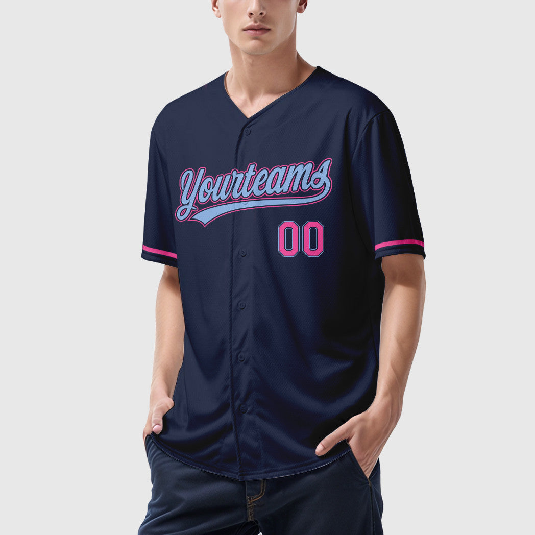 Custom Navy Light Blue Pink Baseball Jersey