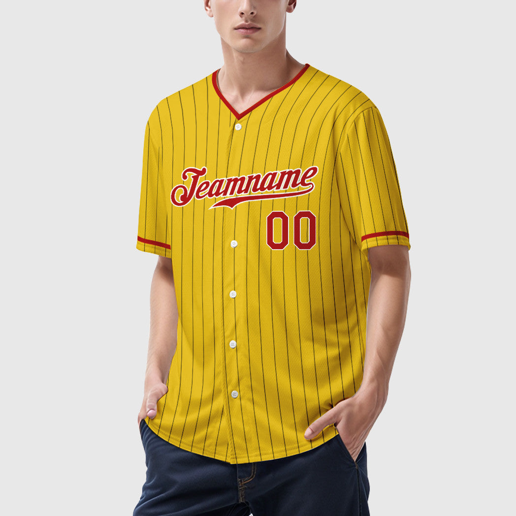 Custom Yellow Black Red-White Pinstripe Baseball Jersey