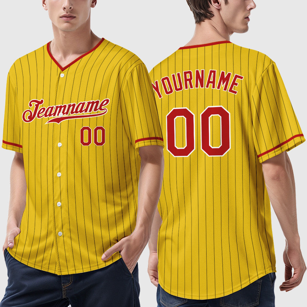 Custom Yellow Black Red-White Pinstripe Baseball Jersey