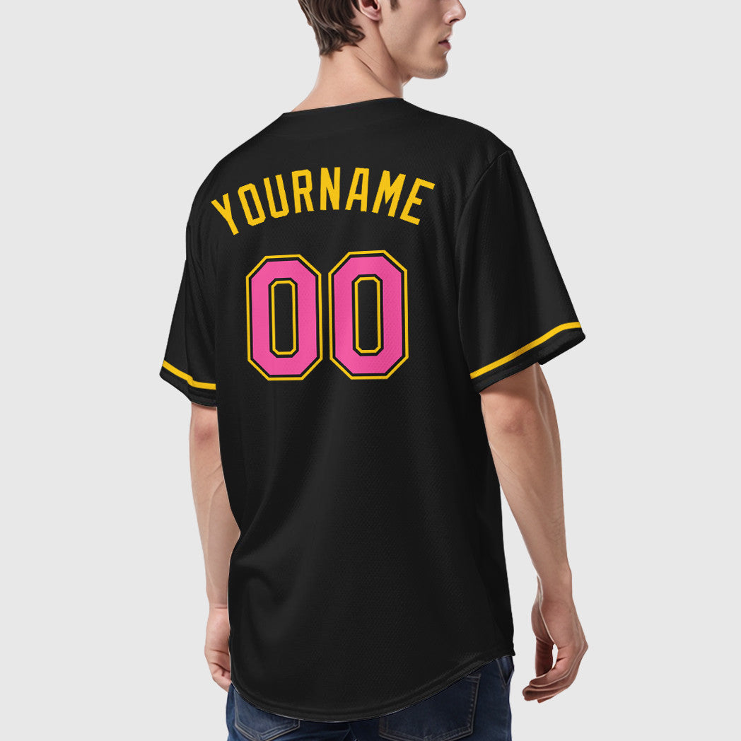 Custom Black Pink Pink-Yellow Baseball Jersey