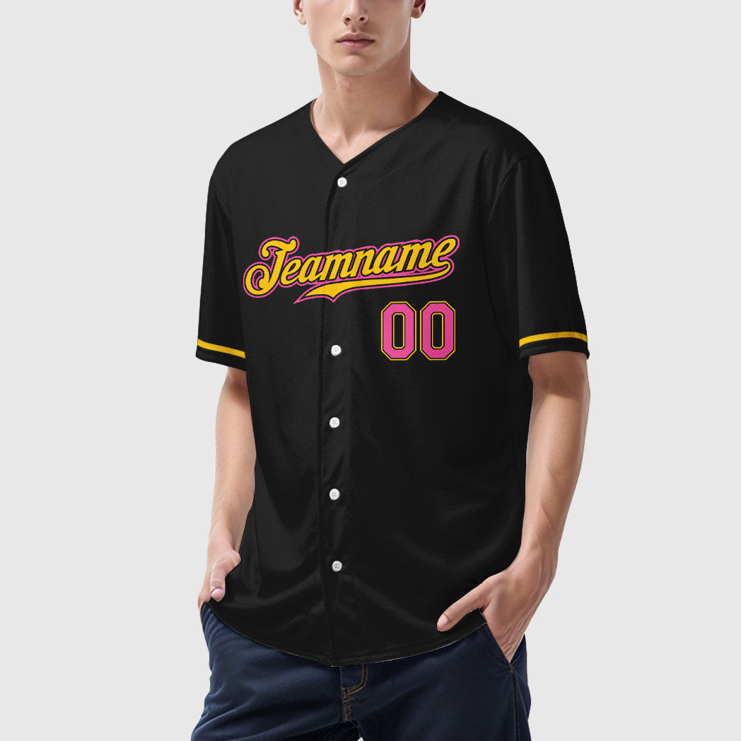 Custom Black Pink Pink-Yellow Baseball Jersey