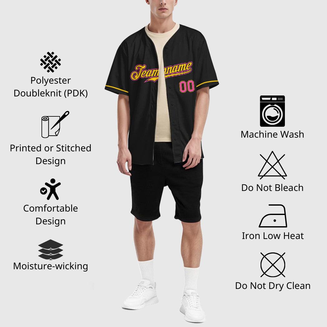 Custom Black Pink Pink-Yellow Baseball Jersey