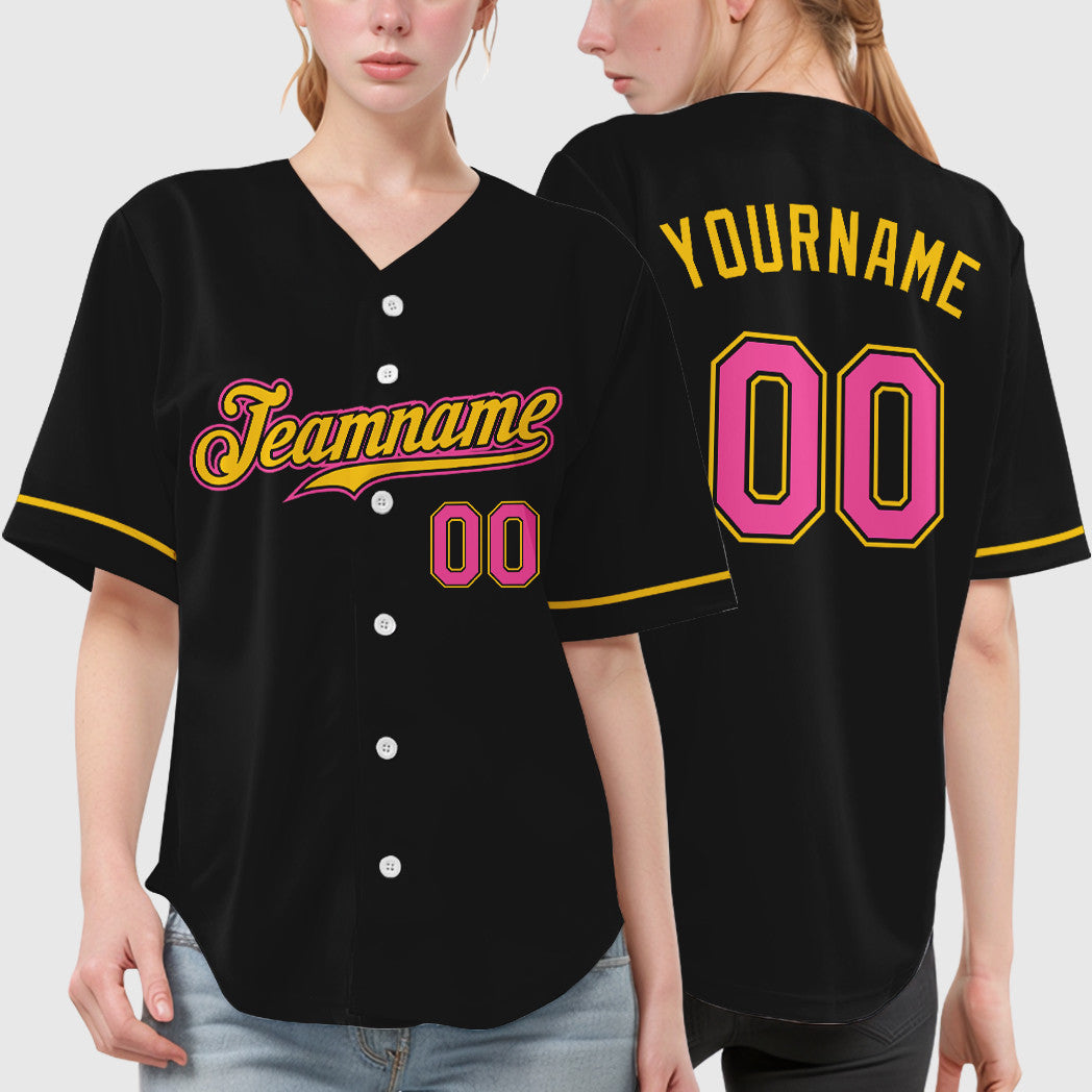 Custom Black Pink Pink-Yellow Baseball Jersey