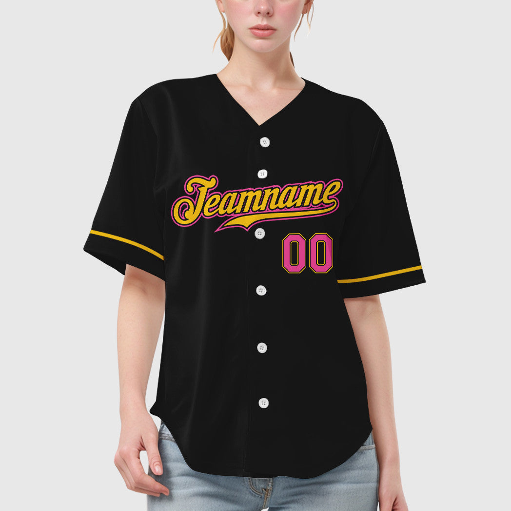 Custom Black Pink Pink-Yellow Baseball Jersey