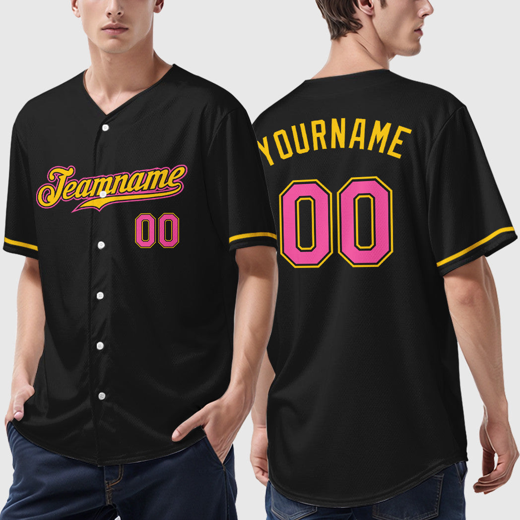 Custom Black Pink Pink-Yellow Baseball Jersey
