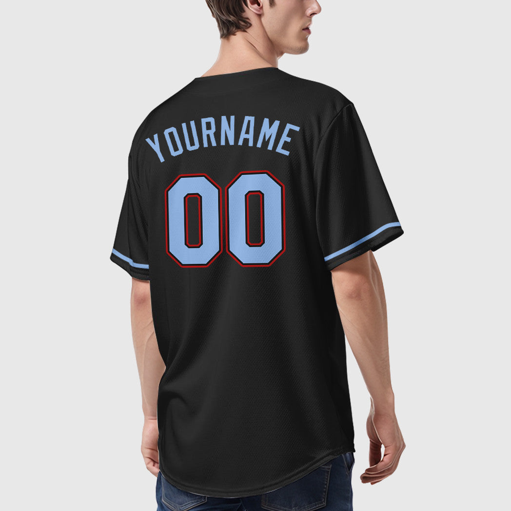 Custom Black Light Blue Red Baseball Jersey