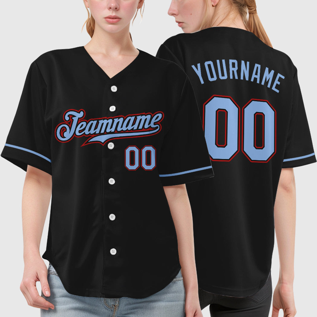 Custom Black Light Blue Red Baseball Jersey