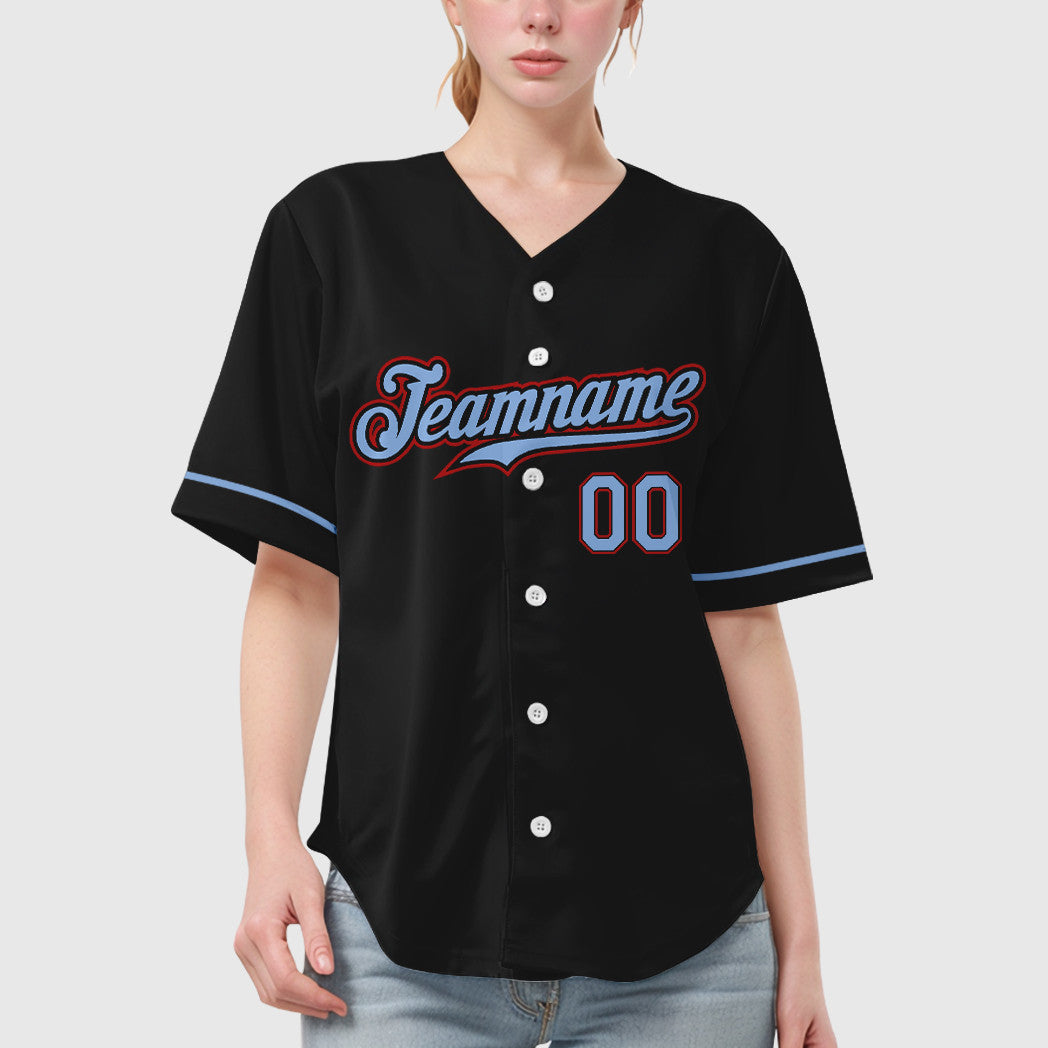Custom Black Light Blue Red Baseball Jersey