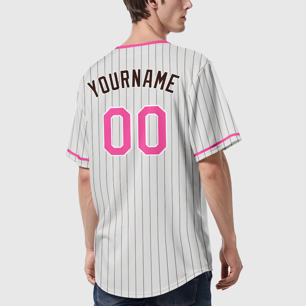 Custom White Brown Pink Pinstripe Baseball Jersey