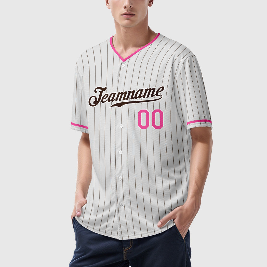 Custom White Brown Pink Pinstripe Baseball Jersey