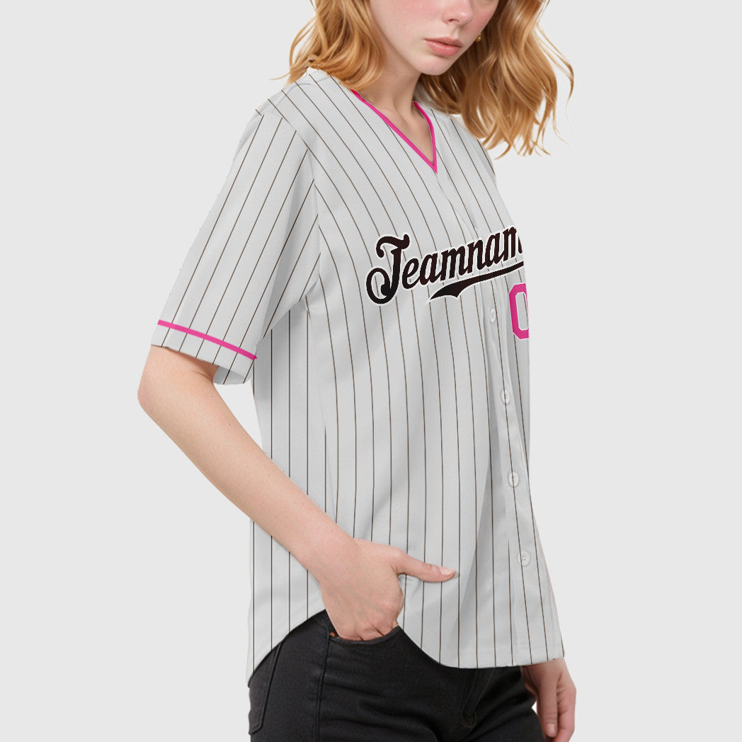 Custom White Brown Pink Pinstripe Baseball Jersey