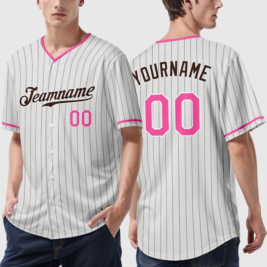 Custom White Brown Pink Pinstripe Baseball Jersey
