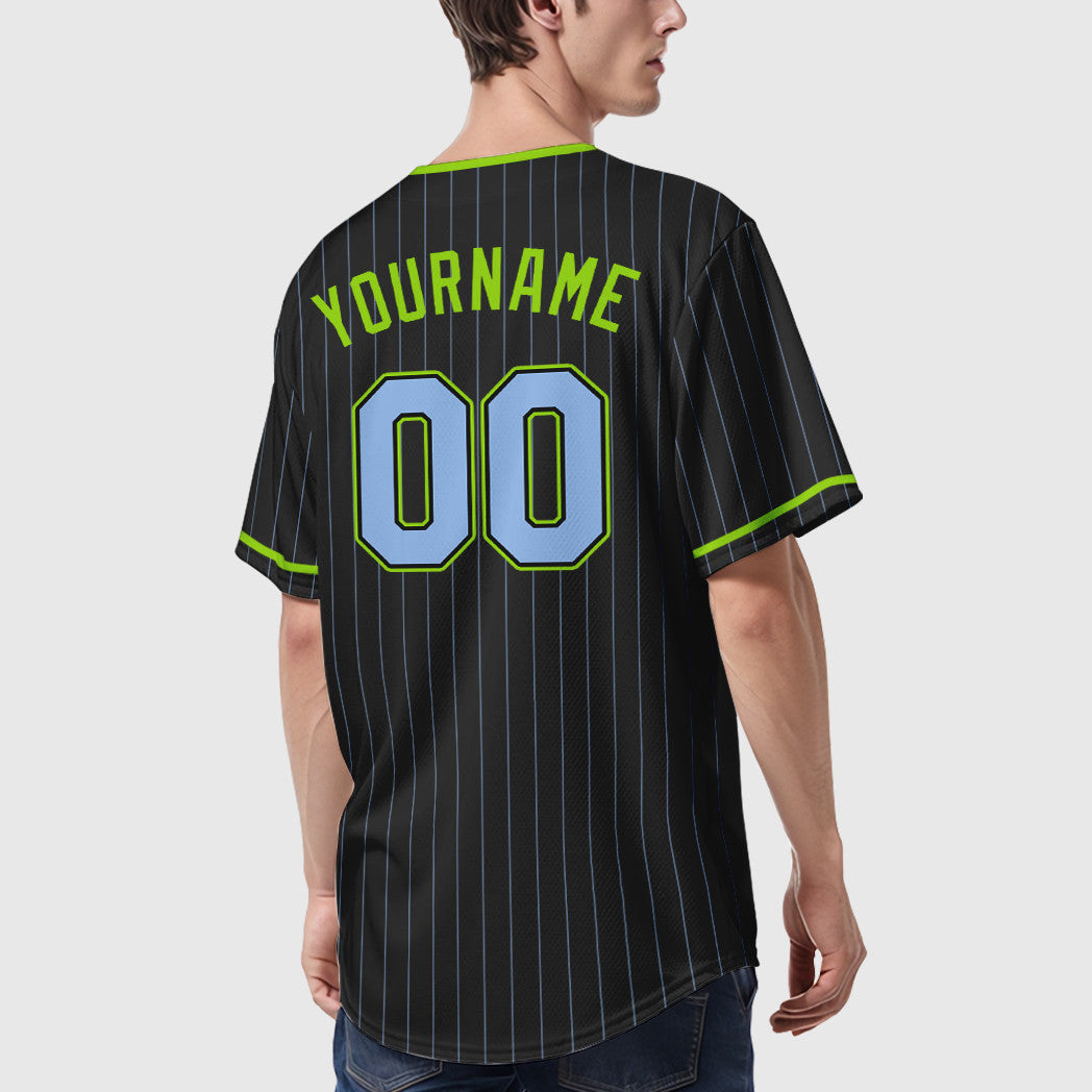 Custom Black Light Blue Light Blue-Neon Green Pinstripe Baseball Jersey