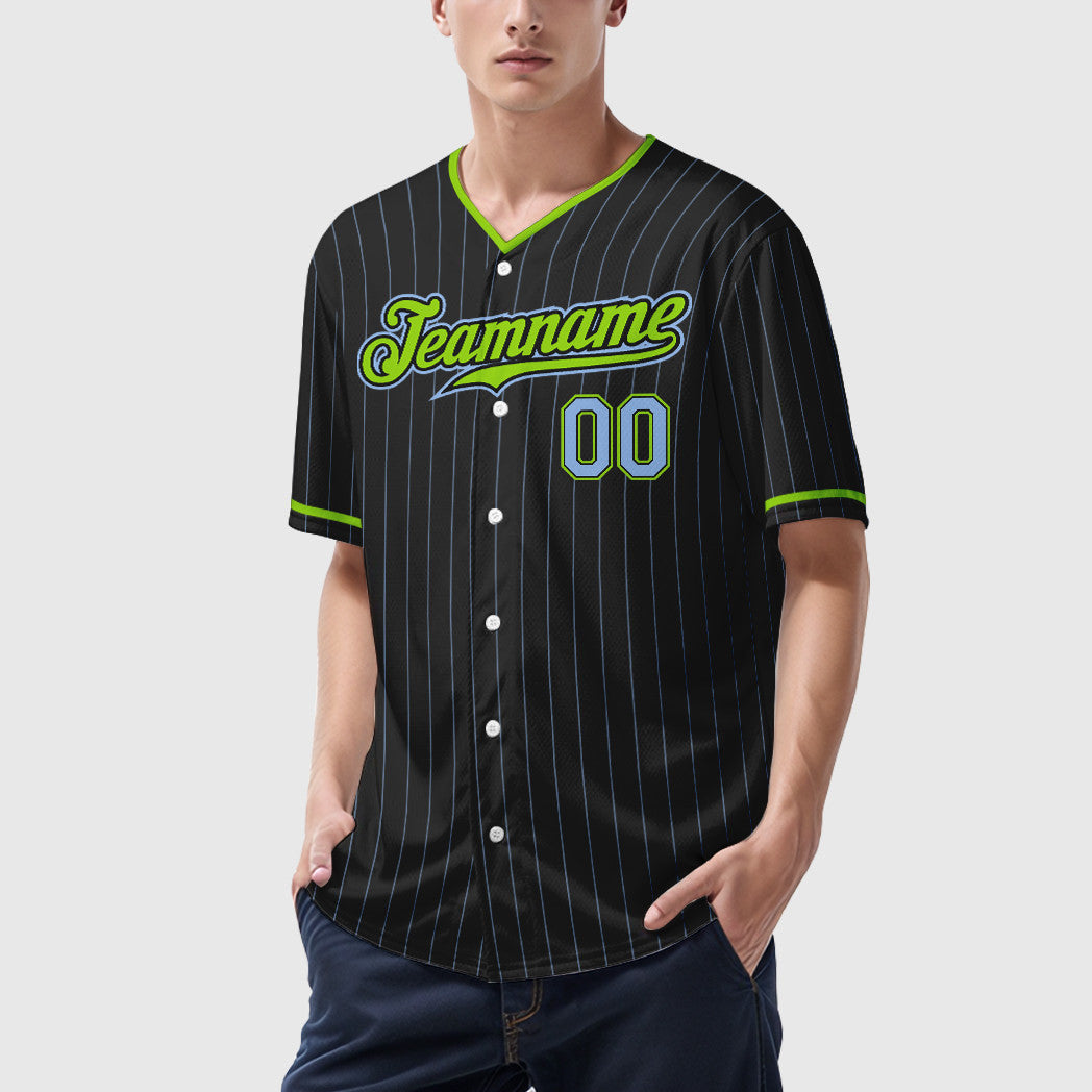 Custom Black Light Blue Light Blue-Neon Green Pinstripe Baseball Jersey