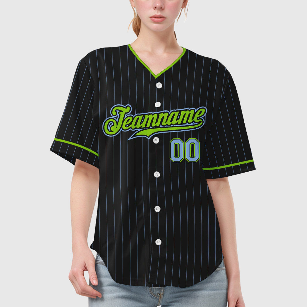 Custom Black Light Blue Light Blue-Neon Green Pinstripe Baseball Jersey
