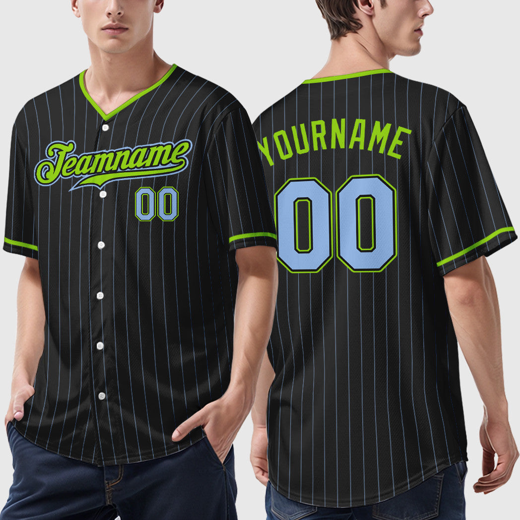 Custom Black Light Blue Light Blue-Neon Green Pinstripe Baseball Jersey