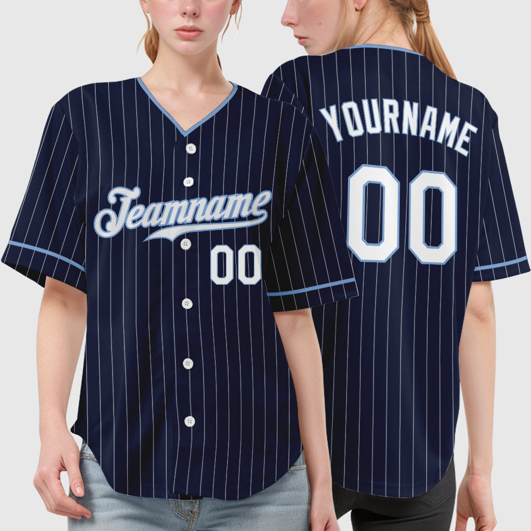 Custom Navy White White-Light Blue Pinstripe Baseball Jersey