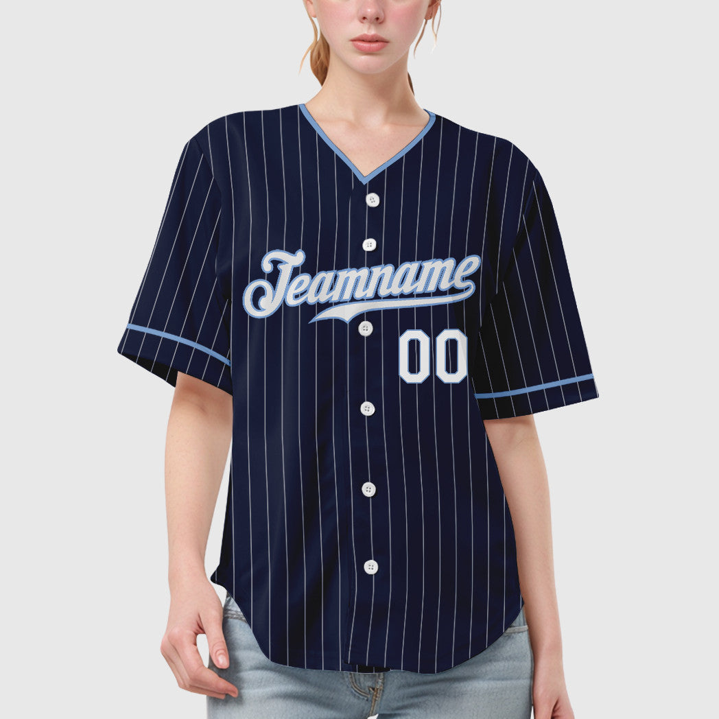 Custom Navy White White-Light Blue Pinstripe Baseball Jersey