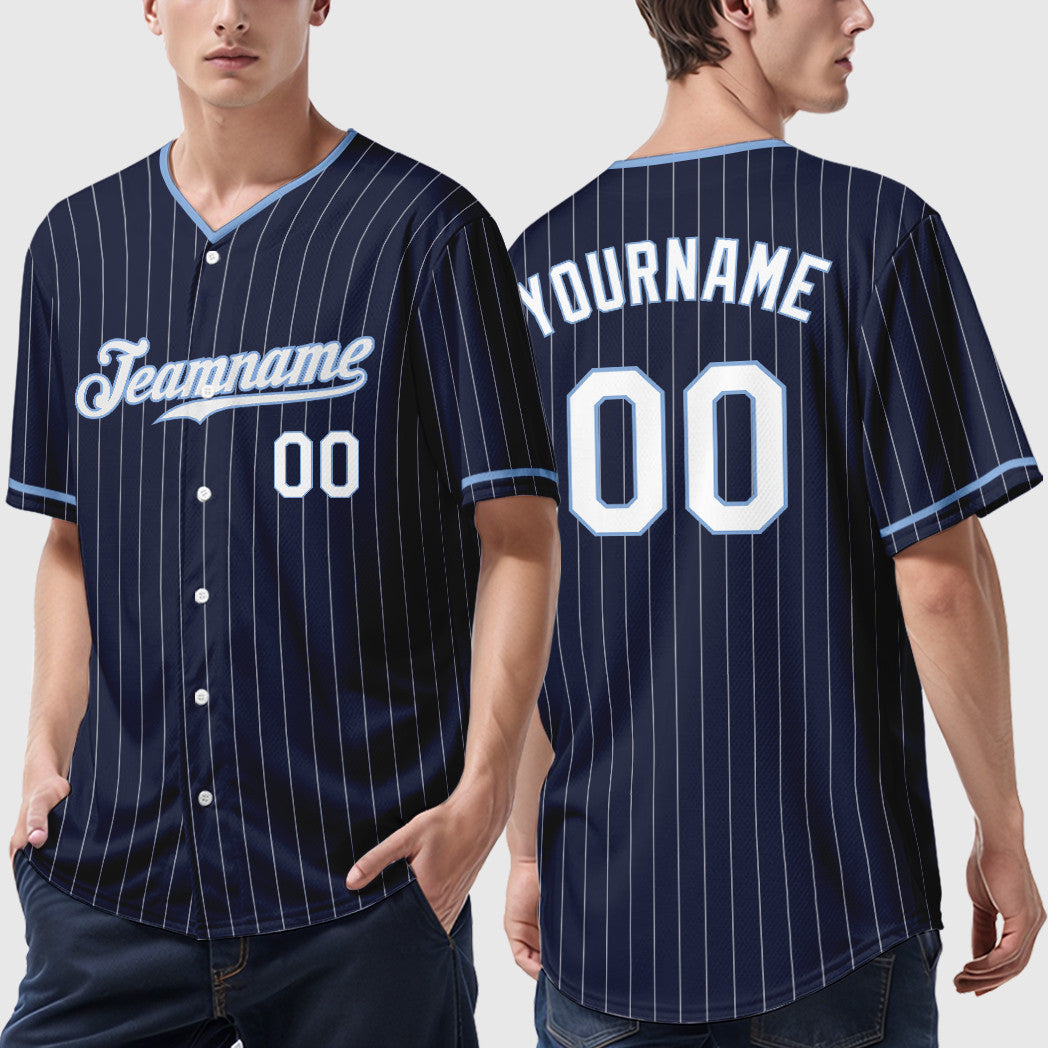 Custom Navy White White-Light Blue Pinstripe Baseball Jersey