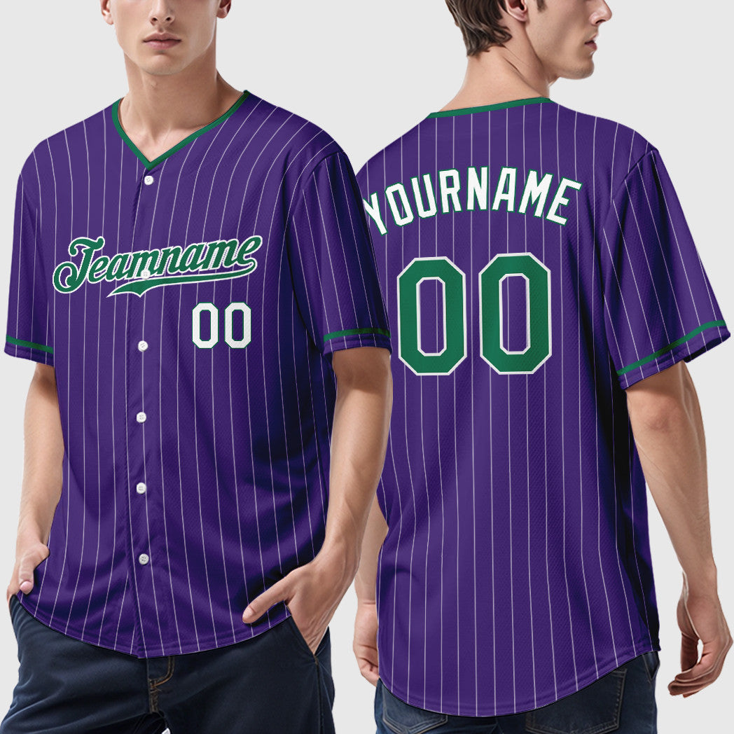Custom Purple White Kelly Green-White Pinstripe Baseball Jersey