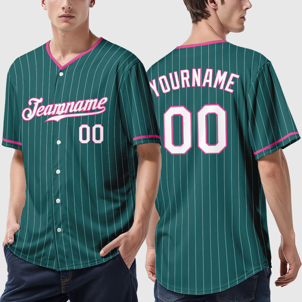 Custom Teal White Pink Pinstripe Baseball Jersey