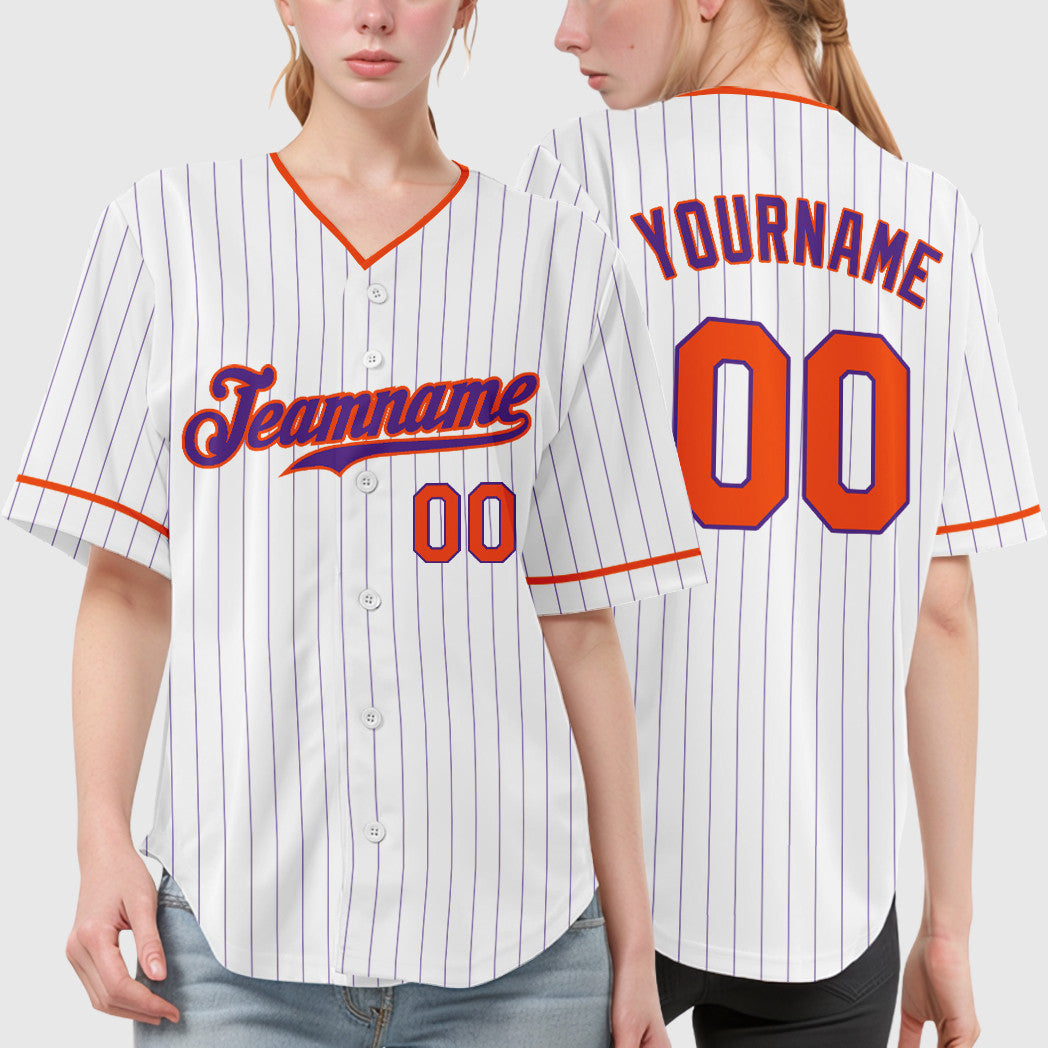 Custom White Purple Orange Pinstripe Baseball Jersey
