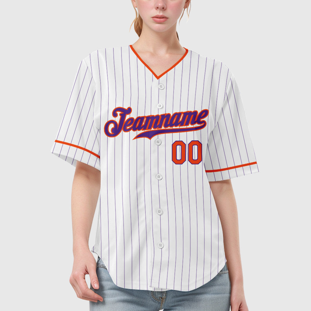 Custom White Purple Orange Pinstripe Baseball Jersey