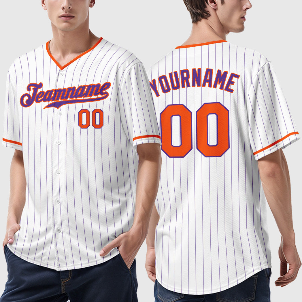 Custom White Purple Orange Pinstripe Baseball Jersey