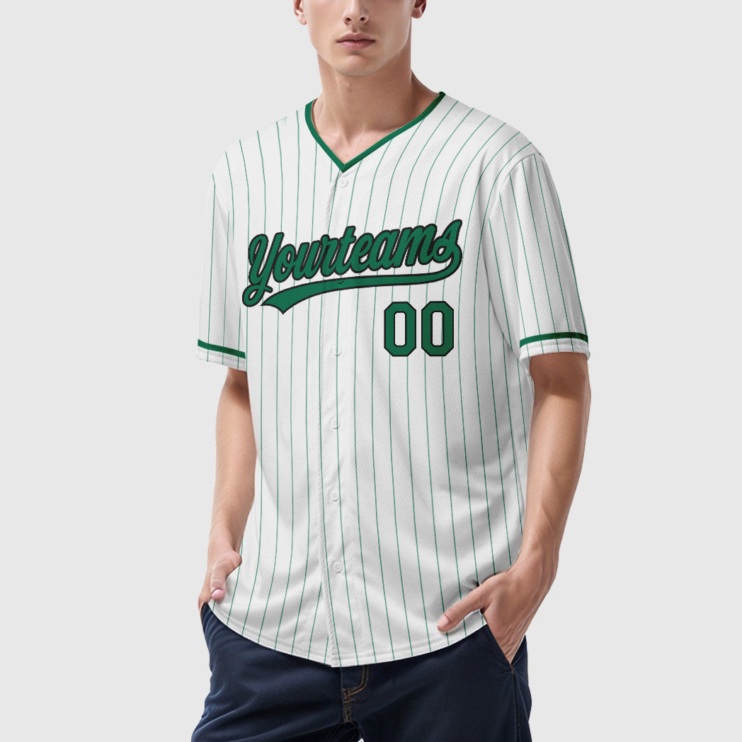 Custom White Kelly Green Black Pinstripe Baseball Jersey