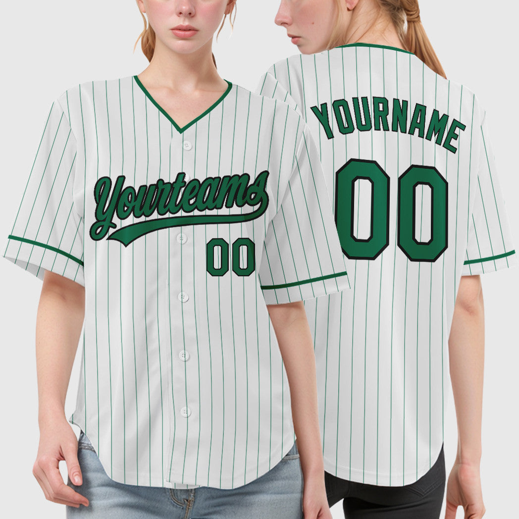 Custom White Kelly Green Black Pinstripe Baseball Jersey