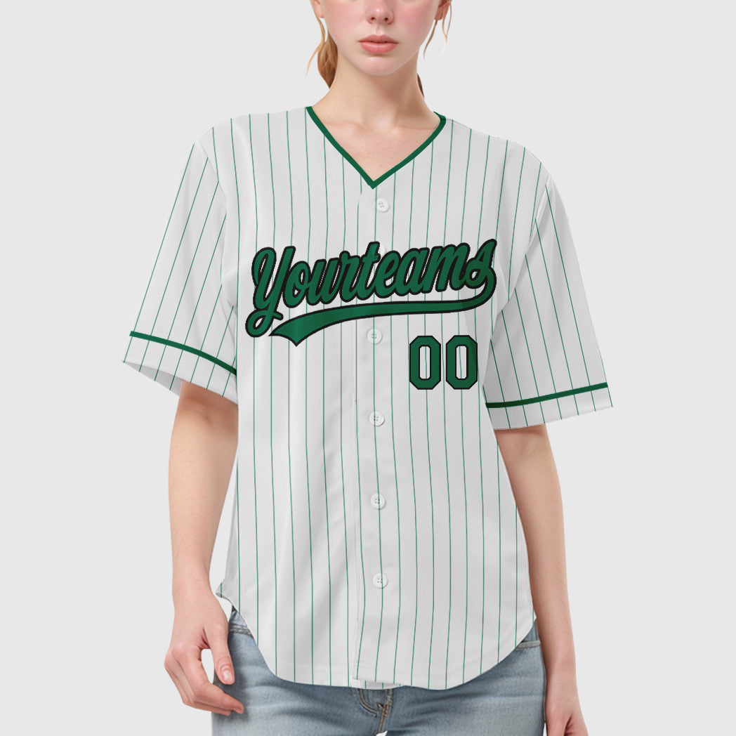 Custom White Kelly Green Black Pinstripe Baseball Jersey