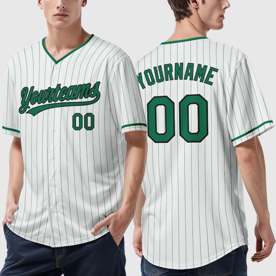 Custom White Kelly Green Black Pinstripe Baseball Jersey