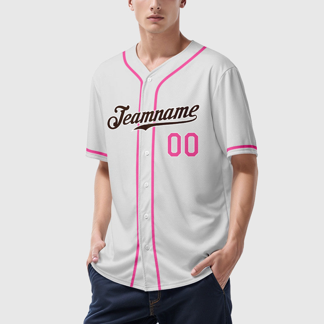 Custom White Brown Pink Sleeve Baseball Jersey